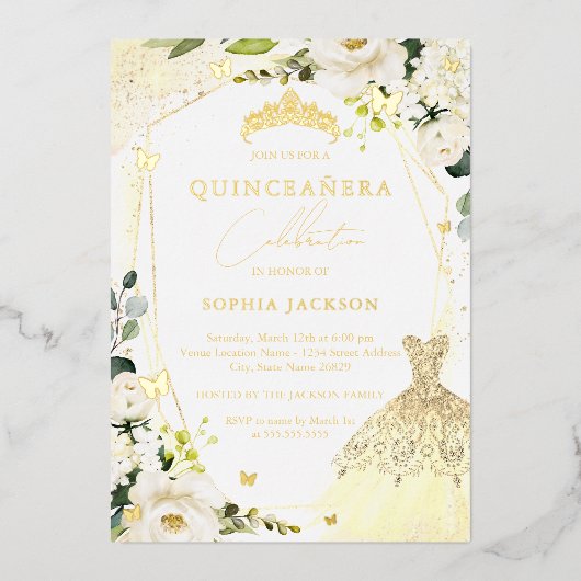 Gold Blumenkleid quinceanera Foil Einladung (Vorderseite)