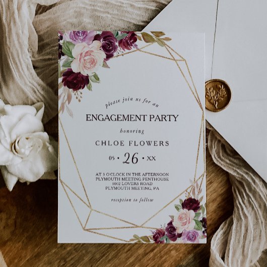 Gold Blush Burgundy Floral Engagement Party Einladung