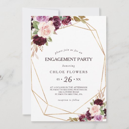 Gold Blush Burgundy Floral Engagement Party Einladung (Vorderseite)
