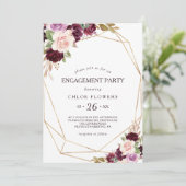 Gold Blush Burgundy Floral Engagement Party Einladung (Stehend Vorderseite)