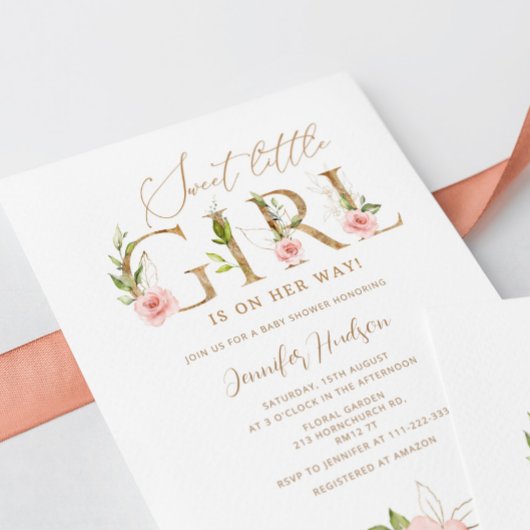 Gold blush floral Sweet little girl baby shower Einladung