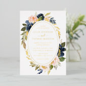 Gold Blush Navy Hochzeit Blumenfoliage Folieneinladung (Stehend vorne)