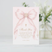 Gold Blush Pink Bow Baptism Dankeskarte (Stehend Vorderseite)