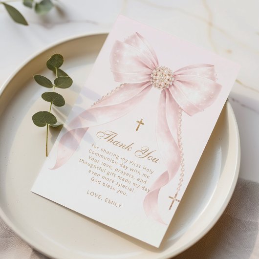 Gold Blush Pink Bow Baptism Dankeskarte