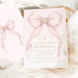 Gold Blush Pink Bow First Holly Communion Einladung