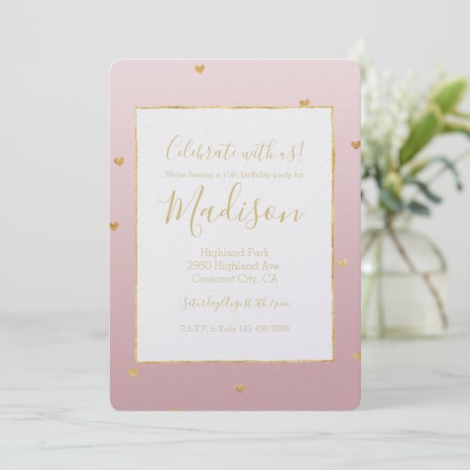 Gold Blush Pink Ombre Herz Einladung (Stehend Vorderseite)