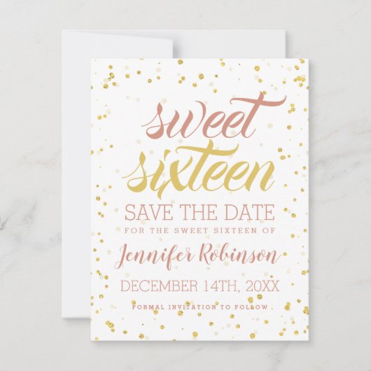 Gold & Blush Sweet 16 Rett Date Sparkle Confetti Save The Date (Vorderseite)