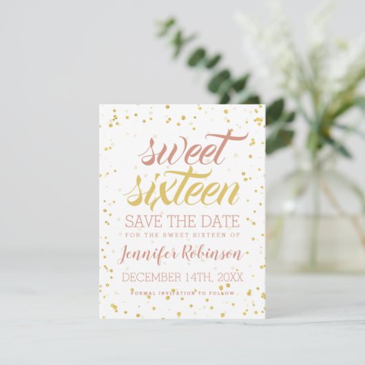 Gold & Blush Sweet 16 Rett Date Sparkle Confetti Save The Date (Stehend Vorderseite)