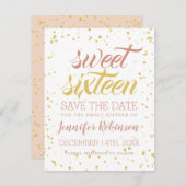 Gold & Blush Sweet 16 Rett Date Sparkle Confetti Save The Date (Vorne/Hinten)