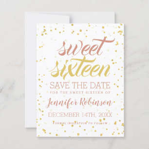 Gold & Blush Sweet 16 Rett Date Sparkle Confetti Save The Date