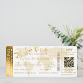Gold Boarding Pass Hochzeit in Urlaubsort QR-Code Einladung (Stehend Vorderseite)
