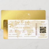 Gold Boarding Pass Hochzeit in Urlaubsort QR-Code Einladung (Vorne/Hinten)