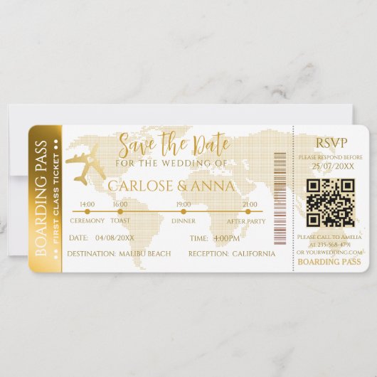 Gold Boarding Pass Hochzeit in Urlaubsort QR-Code Einladung (Vorderseite)