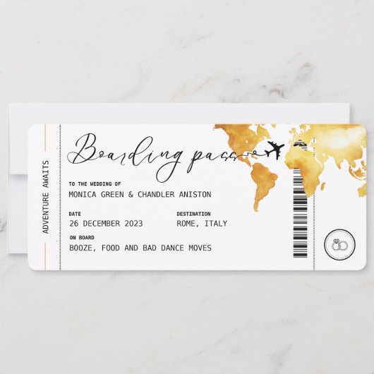 Gold Boarding Pass Hochzeit in Urlaubsort QR-Code Einladung (Vorderseite)