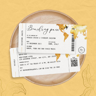 Gold Boarding Pass Hochzeit in Urlaubsort QR-Code Einladung