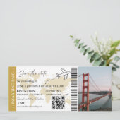 Gold Boarding Pass Hochzeit speichern Sie das Datu Einladung (Stehend Vorderseite)