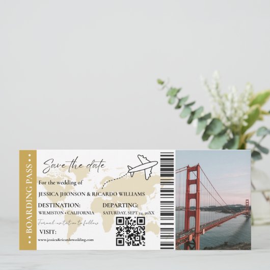 Gold Boarding Pass Hochzeit speichern Sie das Datu Einladung (Stehend Vorderseite)