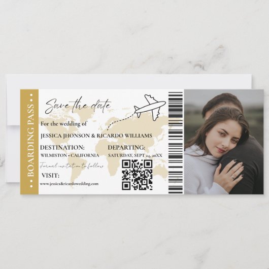 Gold Boarding Pass Hochzeit speichern Sie das Datu Einladung (Vorderseite)