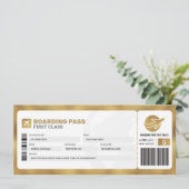 Gold Boarding Pass Reisen Flugzeug Geschenkgutsche Einladung (Stehend Vorderseite)