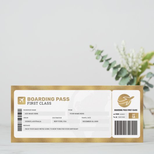 Gold Boarding Pass Reisen Flugzeug Geschenkgutsche Einladung (Stehend Vorderseite)