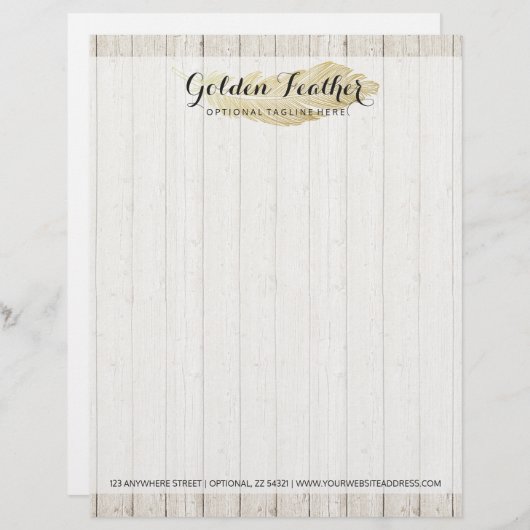 Gold Bohemisch Feather auf rustikalen Holzkarten Briefbogen (Vorne/Hinten)