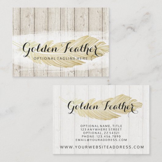 Gold Bohemisch Feather auf rustikalen Holzkarten Visitenkarte (Vorne/Hinten)