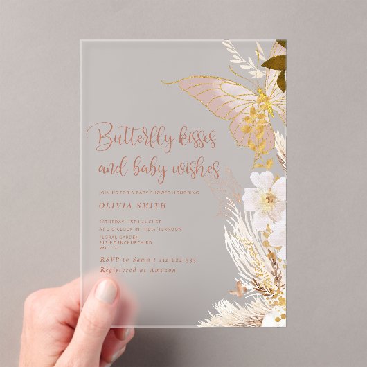 Gold Boho Butterfly küsst Babydusche Acryleinladungen (Insitu (Handheld))