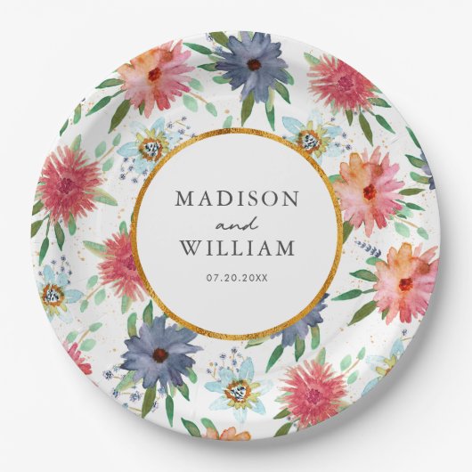 Gold Boho Chic Whimsical Greenery Wildblume Pappteller (Vorderseite)