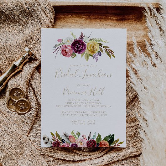 Gold Boho Floral Bridal Luncheon Brautparty Einladung
