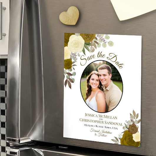 Gold Boho Floral & Foto Hochzeit Sichern Sie das D Magneteinladung