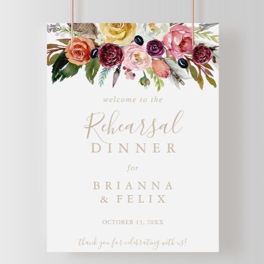 Gold Boho Floral Rehearsal Dinner Welcome Sign Poster