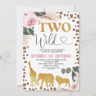 Gold Boho Floral Safari Zwei Wilde 2. Geburtstag Einladung