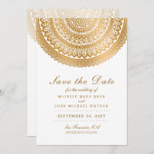 Gold Boho Mandala White Save the Date White Card (Vorne/Hinten)
