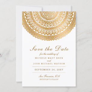 Gold Boho Mandala White Save the Date White Card