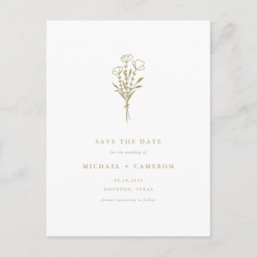 Gold Boho Minimalistisch Botanisch Save the Date Ankündigungspostkarte (Vorderseite)