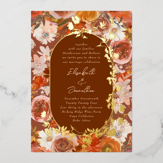 Gold Boho Terracotta Frame Wreath Floral Abundtion Folieneinladung (Vorderseite)
