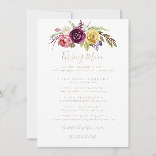 Gold Boho Tropical Wedding Kissing Menu Game Card (Vorderseite)