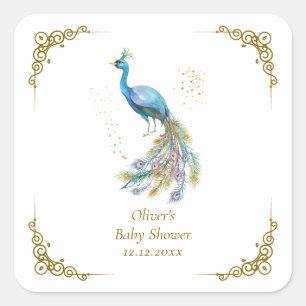 Gold Boho Vintage Elegante Pfau Baby Shower Quadratischer Aufkleber
