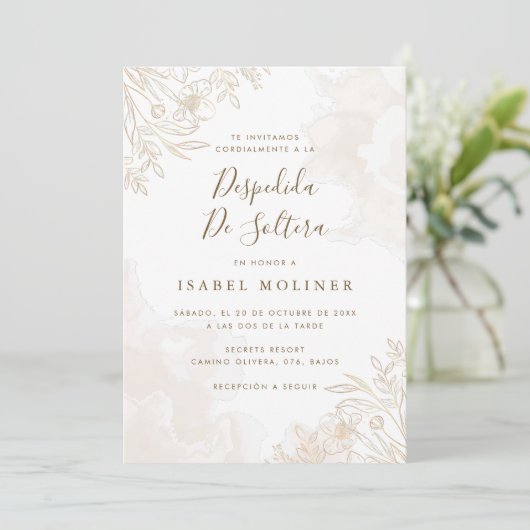 Gold Boho Wildblumen Spanisches Brautparty Einladung (Stehend Vorderseite)