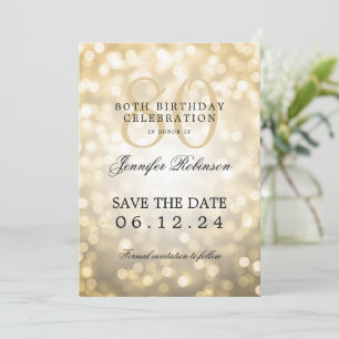 Gold Bokeh 80. Geburtstag Save the Date mit Detail Einladung