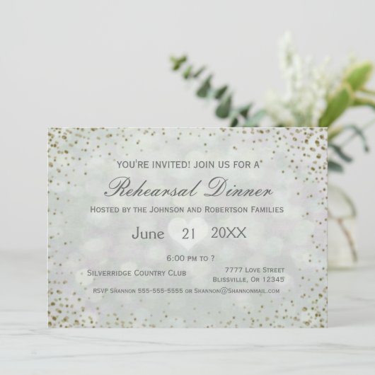 Gold Bokeh | Abendessen Probe Einladung (Stehend Vorderseite)