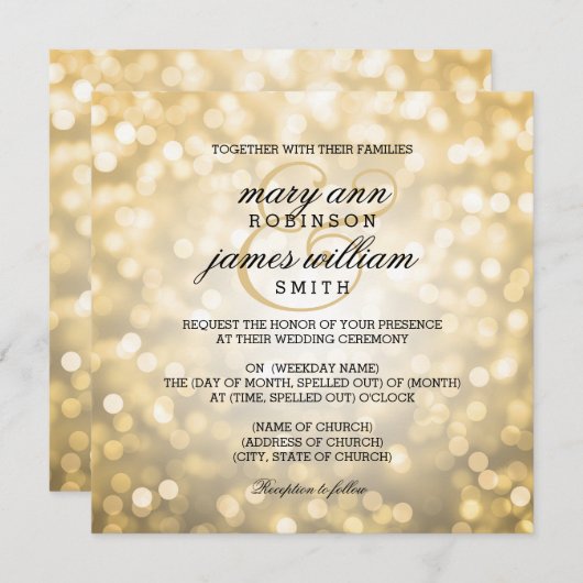 Gold Bokeh beleuchtet elegante Hochzeit Einladung (Vorne/Hinten)