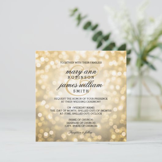Gold Bokeh beleuchtet elegante Hochzeit Einladung (Stehend Vorderseite)