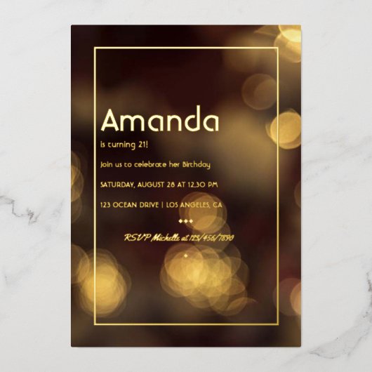 Gold Bokeh Birthday Party Folieneinladung (Vorderseite)