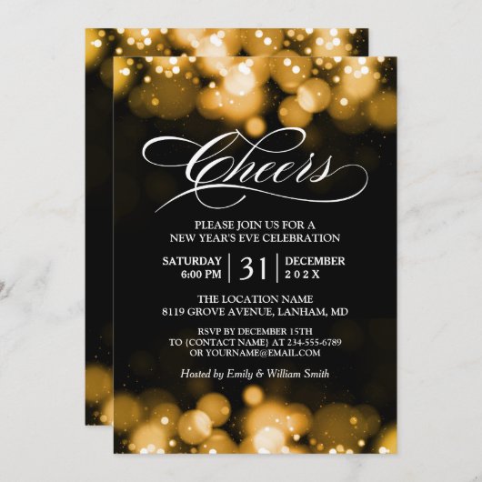 Gold-Bokeh-Glitzern jubeln Silvesterabend-Party Einladung (Vorne/Hinten)