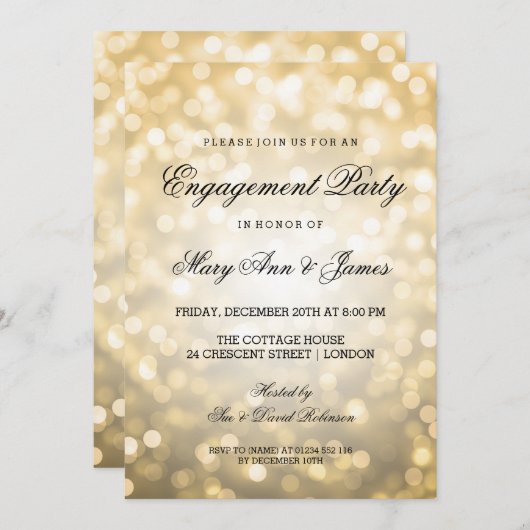 Gold Bokeh Lights Elegante Engagement Party Einladung (Vorne/Hinten)