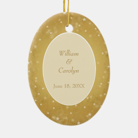 Gold Bokeh Star Rahmen Erste Weihnachtsfeier Keramikornament (Hinten)