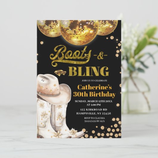 Gold Boots and Blings Adult Birthday Party Einladung (Stehend Vorderseite)