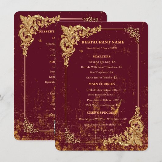 Gold Bordeaux Editable Menu with QR Code Menükarte (Vorne/Hinten)