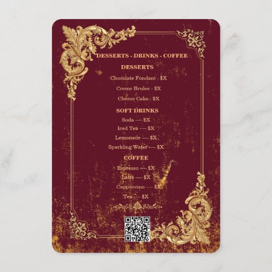 Gold Bordeaux Editable Menu with QR Code Menükarte (Rückseite)